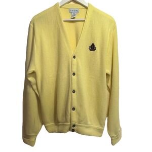 IZOD Men's Vtg Knit Cardigan Sweater M Logo Yellow USA Preppy Grandpa Collegiate